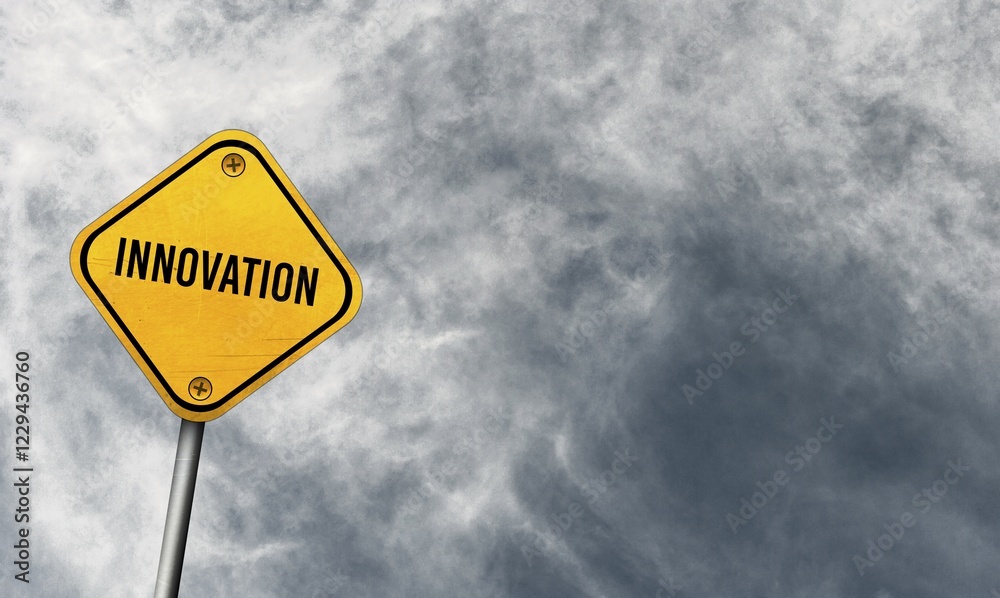 Innovation, yellow sign with cloudy sky Innovation, yellow sign with cloudy sky