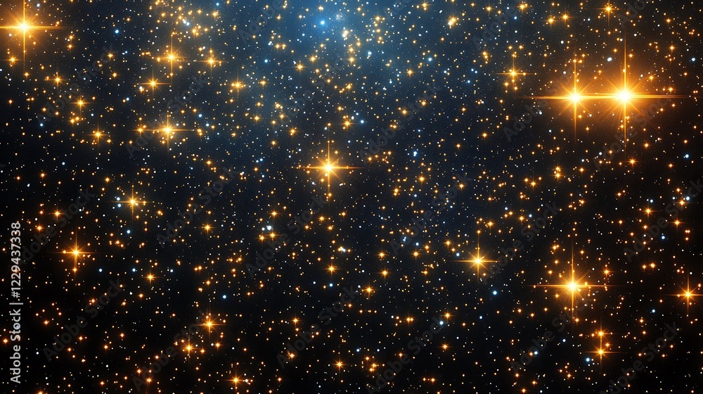 Naklejka premium Sparkling cosmic background with numerous stars and galaxies in dark blue and golden hues.