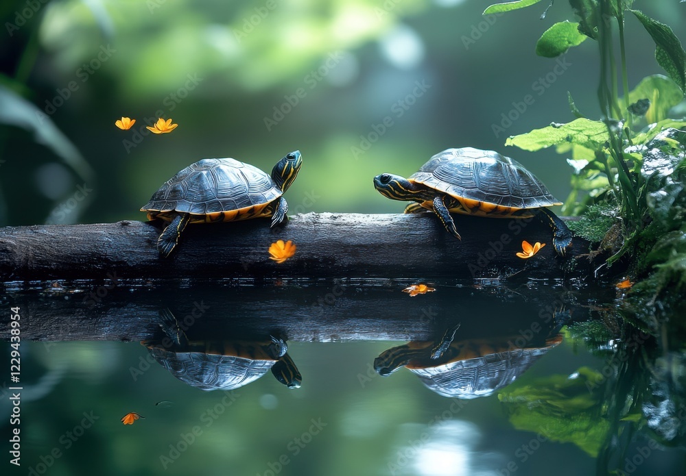 Fototapeta premium Two turtles basking on a log in a serene pond surrounded by vibrant plants and soft golden flowers, reflecting in the calm water, nature's tranquility captured perfectly.