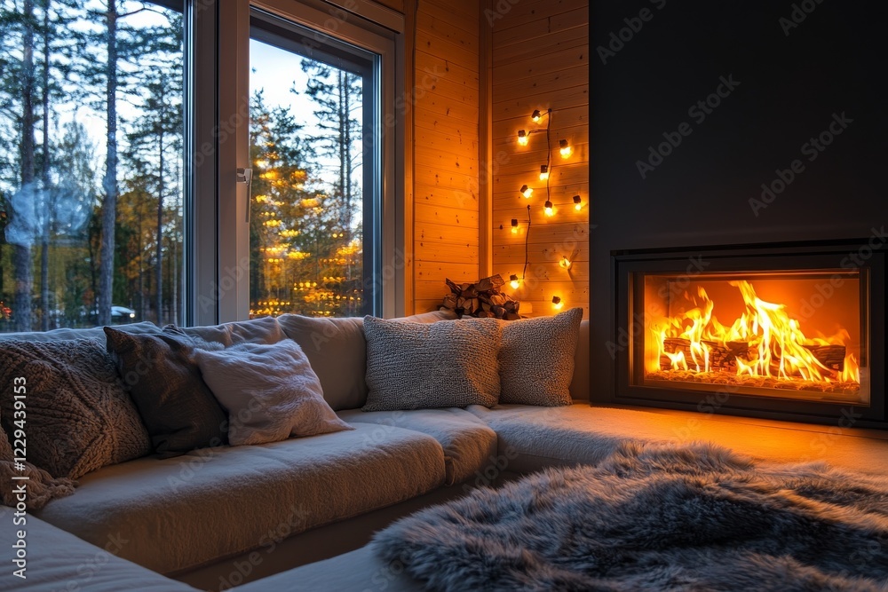 Fototapeta premium Cozy evening in a modern living room with a fireplace and warm lighting surrounded by nature