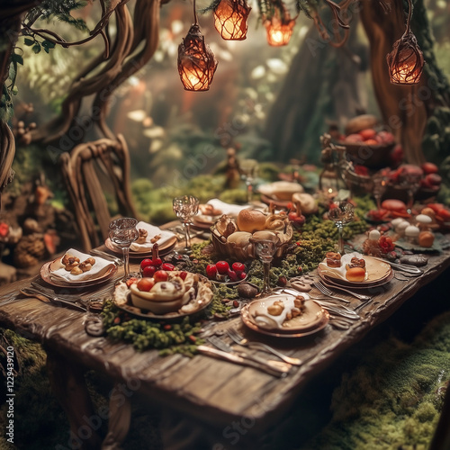 the table is set for lunch but for forest fairies
