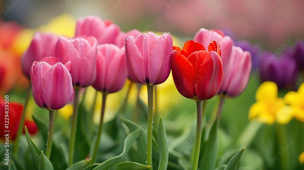 Dew-kissed tulips bloom in vibrant garden Dew-kissed tulips bloom in vibrant garden