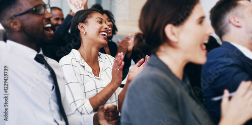 Happy, business people and seminar with applause for presentation, meeting or staff workshop at office. Excited group, employees or audience clapping with smile for team speech, thank you or support