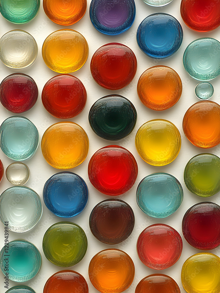 Colorful glass stones arranged on white background; texture, design, craft, hobby Colorful glass stones arranged on white background; texture, design, craft, hobby
