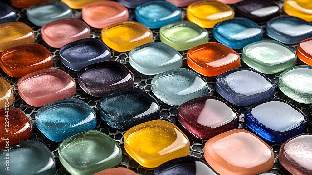 Colorful glass tiles arranged on a grid, close-up shot, for design or craft projects Colorful glass tiles arranged on a grid, close-up shot, for design or craft projects