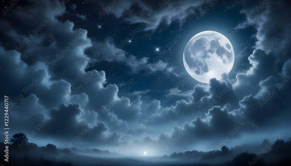 Obraz premium Un cielo nocturno con una gran luna llena rodeada de tenues nubes y estrellas. Las nubes tienen un capricho