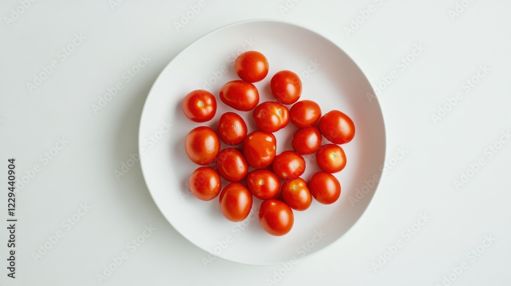 A minimalist plate of fresh grape tomatoes, neatly arranged in a circular pattern on a plain white ceramic plate, Tomatoes centered A minimalist plate of fresh grape tomatoes, neatly arranged in a circular pattern on a plain white ceramic plate, Tomatoes centered