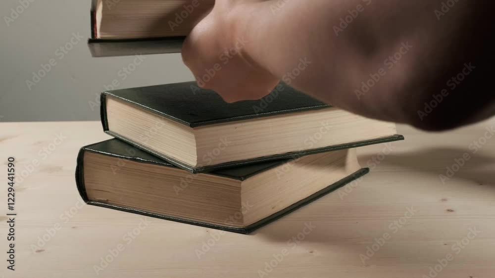 Hand replacing one book from a stack of three hardcover books. They are hardcover green books. 50fps