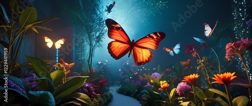 A vibrant butterfly garden complete with different species and blooming plants