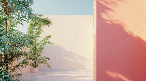 Tropical plants casting shadows on colorful walls