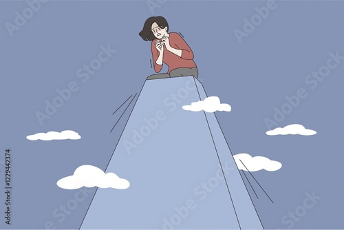 Acrophobia and fear of heights concept. Young stressed woman cartoon character sitting on peak of hill feeling panic of height vector illustration Abstract vector wall art background. Minimalistic abstract wall art background for print. Scandinavian vector style