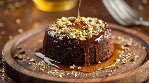 Lava cake with a rich gooey center, topped with pistachio crumbs and a drizzle of honey, isolated on a rustic wooden board photo