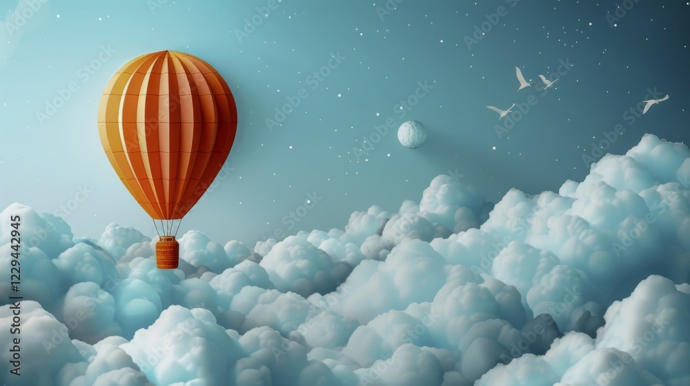 Obraz premium Orange hot air balloon floats above fluffy clouds with birds under a starry sky, AI generated
