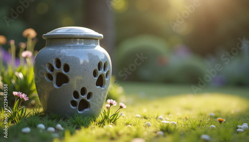 Gray pet urn with paw print cutouts on grass in garden