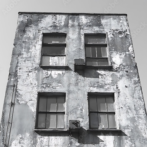 Black and white photograph of an old, abandoned building, conveying a sense of history, decay, and nostalgia 