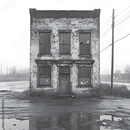 Black and white photograph of an old, abandoned building, conveying a sense of history, decay, and nostalgia 