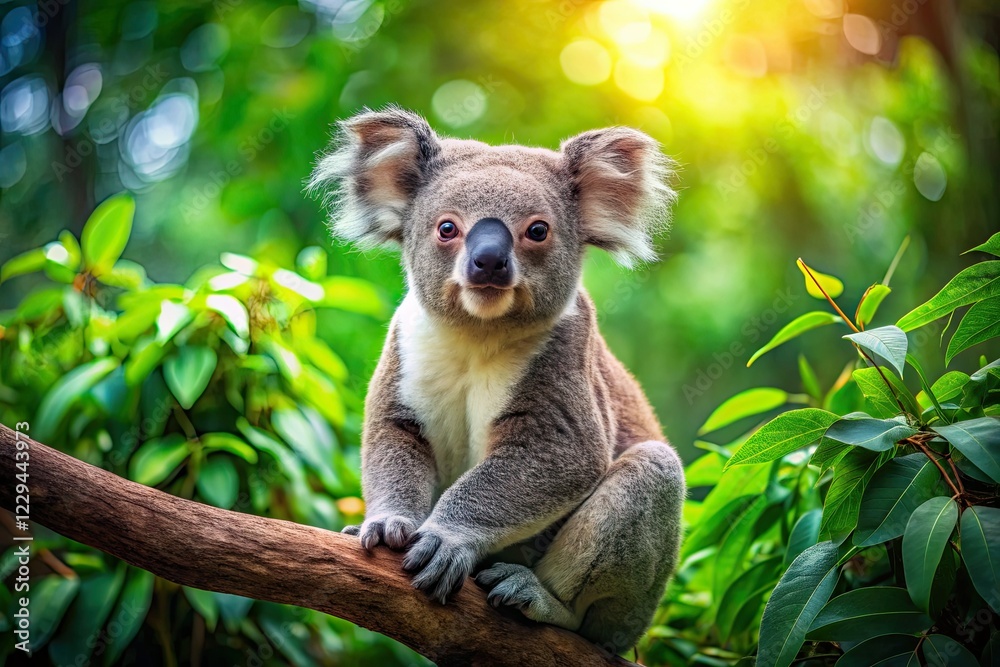 Fototapeta premium Koala on Branch, Lush Foliage, Candid Wildlife Photography