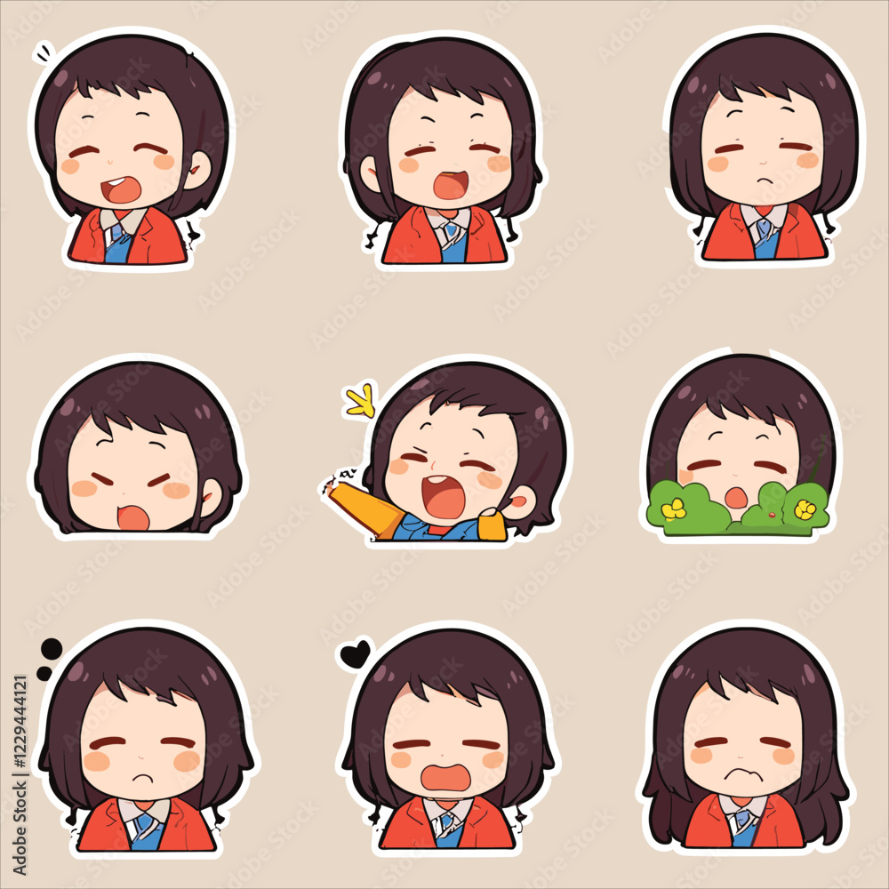 A set of cute chibi-style character stickers featuring a girl in a red blazer and blue tie, displaying various emotions such as happiness, sadness, laughter, and shyness A set of cute chibi-style character stickers featuring a girl in a red blazer and blue tie, displaying various emotions such as happiness, sadness, laughter, and shyness