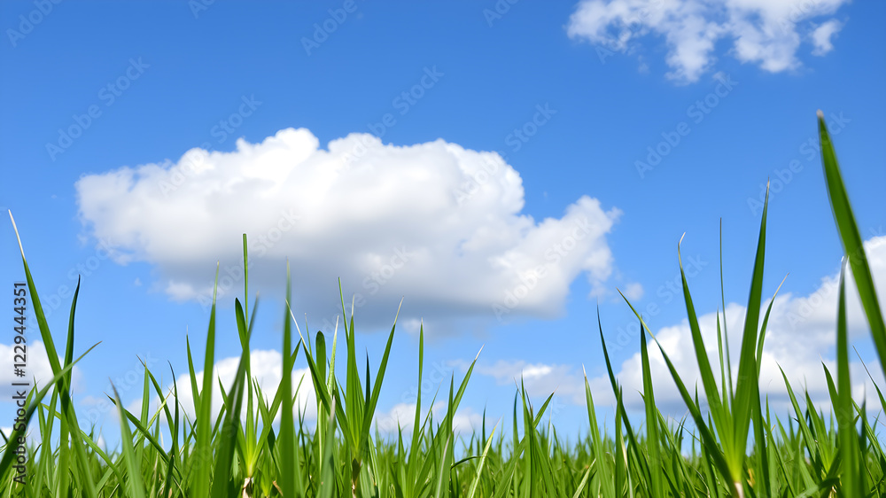 Fototapeta premium Green grass and blue sky with white clouds