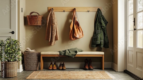 A chic entryway featuring a coat rack, organized shoes, and a warm, inviting ambiance for guests.