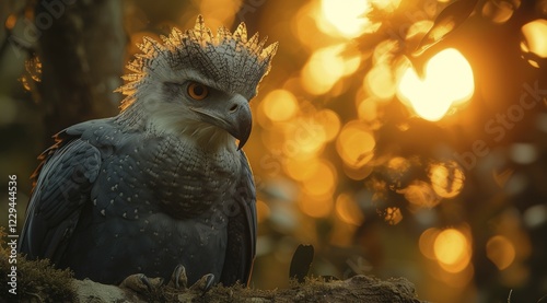 A papuan harpy eagle with a striking crest profiled against the warm glow of a setting sun, AI genertaed, AI generated photo