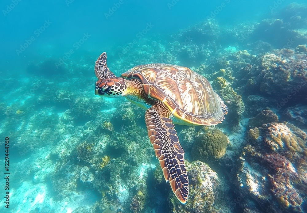 Fototapeta premium Vibrant Sea Turtle Swimming Gracefully Over Colorful Coral Reef in Clear Tropical Water Under Sunlight