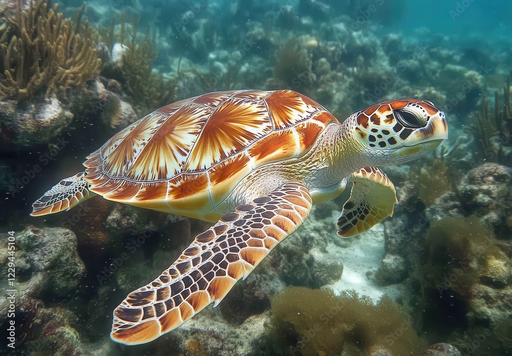 Fototapeta premium Vibrant Sea Turtle Swimming Gracefully Through Coral Reef in Crystal Clear Ocean Water Under Bright Sunlight