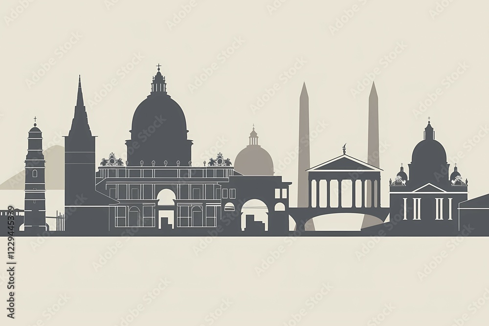 Fototapeta premium Silhouette of famous landmarks against a beige monochromatic background, illustration, AI generated