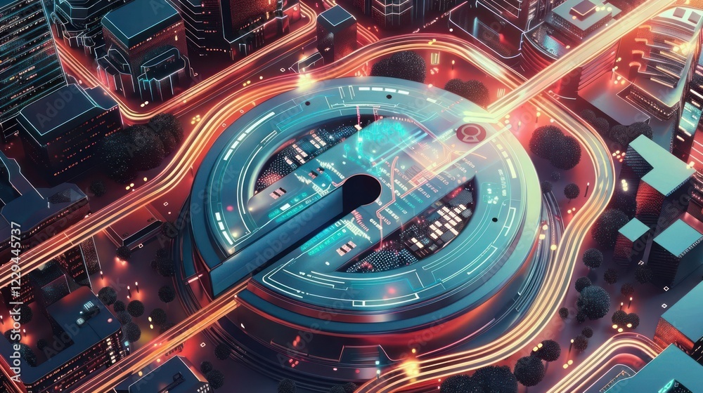 Fototapeta premium Futuristic cityscape showcasing a high-tech transportation hub with vibrant lights and urban activity