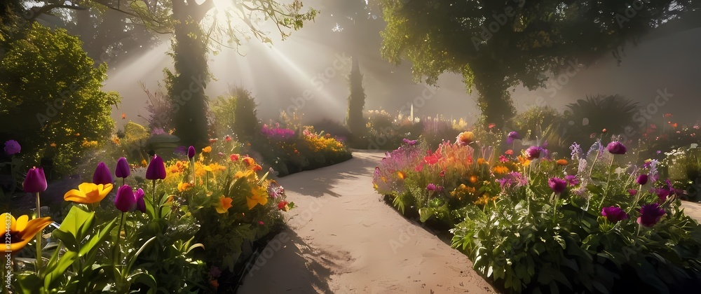 Obraz premium A vibrant garden celebrating the beauty of flowers swaying under sunlight beckoning visitors to explore