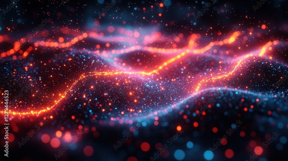 Obraz premium Glowing particles wave, abstract background, digital art, screen