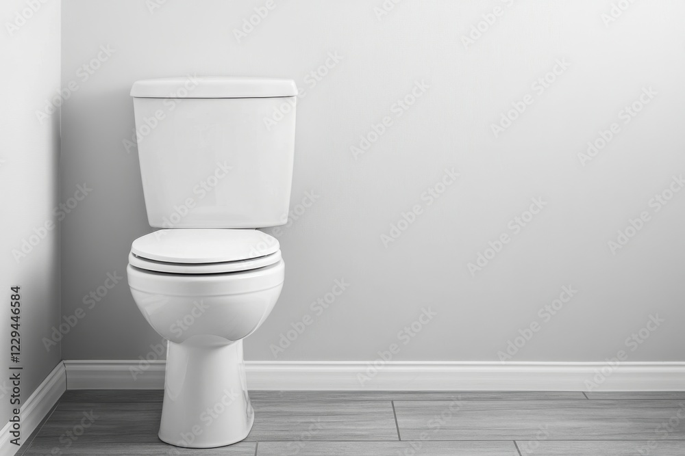 Clean white toilet in modern bathroom with light gray walls and wooden flooring Clean white toilet in modern bathroom with light gray walls and wooden flooring