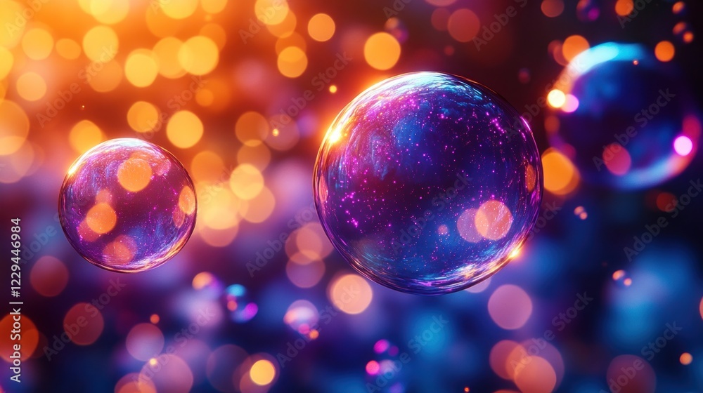 Glowing spheres, bokeh background, abstract art, festive