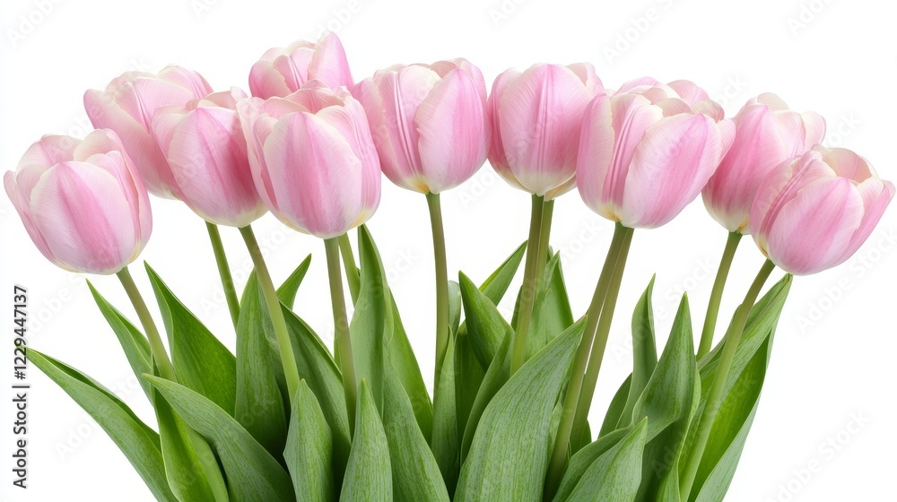 Bouquet of Pastel Pink Tulip Flowers on a White Background, Soft Sunlight, High Contrast Bouquet of Pastel Pink Tulip Flowers on a White Background, Soft Sunlight, High Contrast