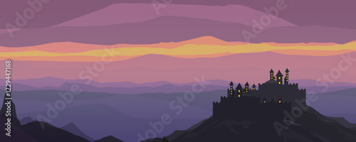 view of a castle fortress on a hill with a sunset sky background