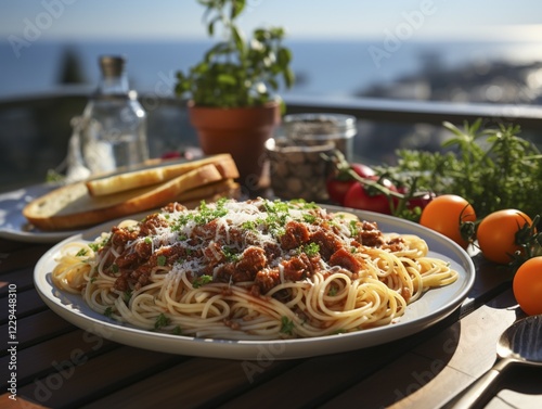 Einladender Teller Pasta auf einer Terrasse mit Blick auf das Meer, perfekt für ein Freiluftessen, ai generiert, AI generated photo