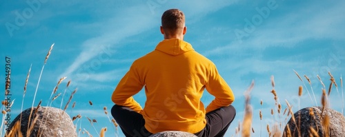 Man meditating outdoors under the blue sky.