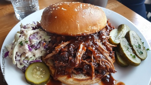 Pulled Pork Sandwich with Coleslaw and Pickles photo