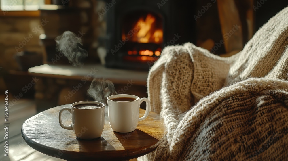 Two steaming mugs of coffee sit on a wooden table near a cozy fireplace. Perfect for depicting warmth, comfort, and relaxation on a cold day. Two steaming mugs of coffee sit on a wooden table near a cozy fireplace. Perfect for depicting warmth, comfort, and relaxation on a cold day.