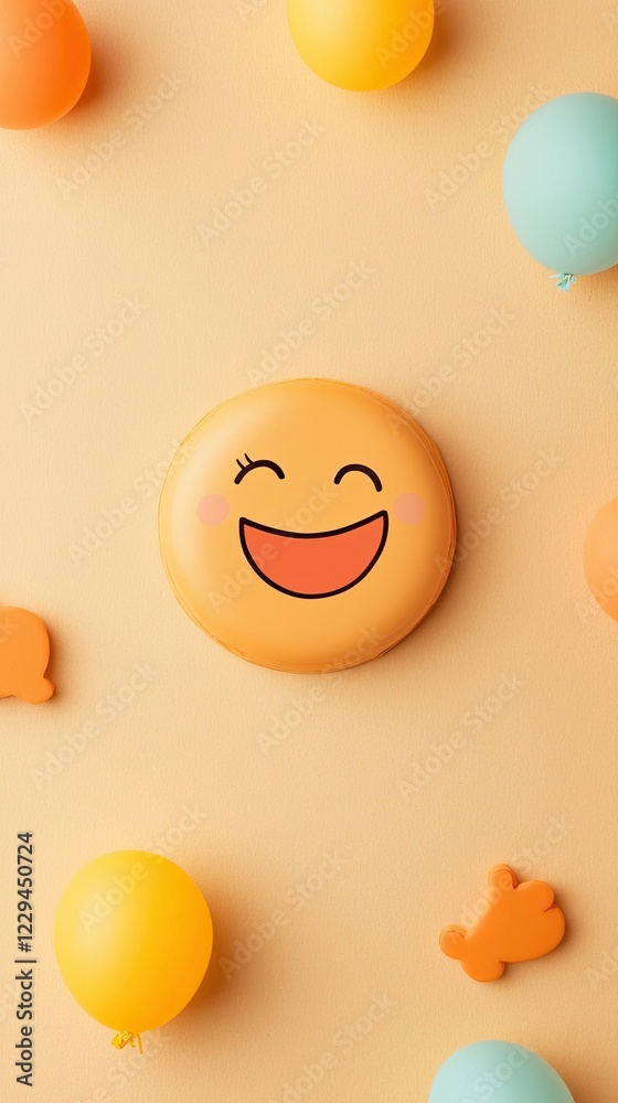 Fototapeta premium Happy Smiley Face Cookie with Colorful Balloons on Soft Beige Background for Celebrations