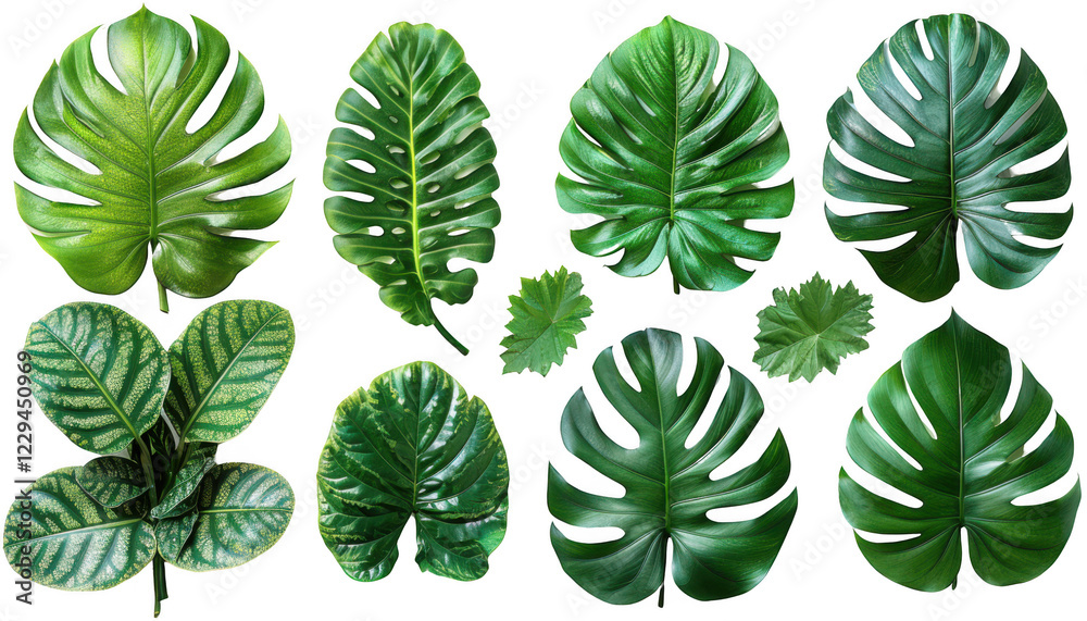 set of green monstera palm and tropical plant leaf isolated on transparent background set of green monstera palm and tropical plant leaf isolated on transparent background