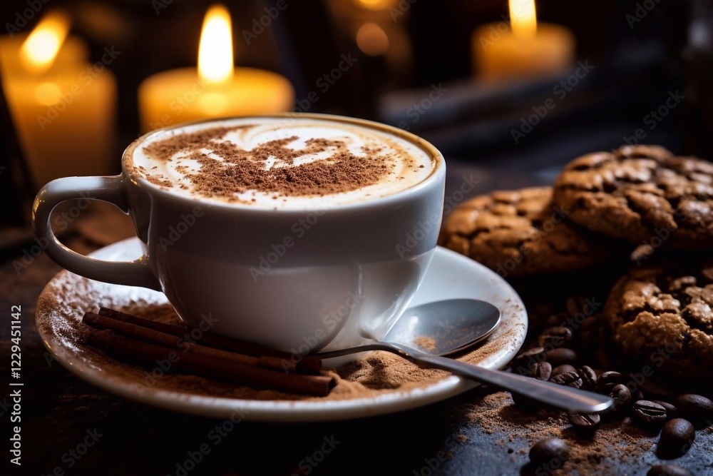 A white cup of steaming coffee placed on a saucer, surrounded by a pile of coffee beans A white cup of steaming coffee placed on a saucer, surrounded by a pile of coffee beans