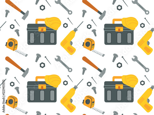 Seamless pattern with repair tools, toolbox and helmet on white background