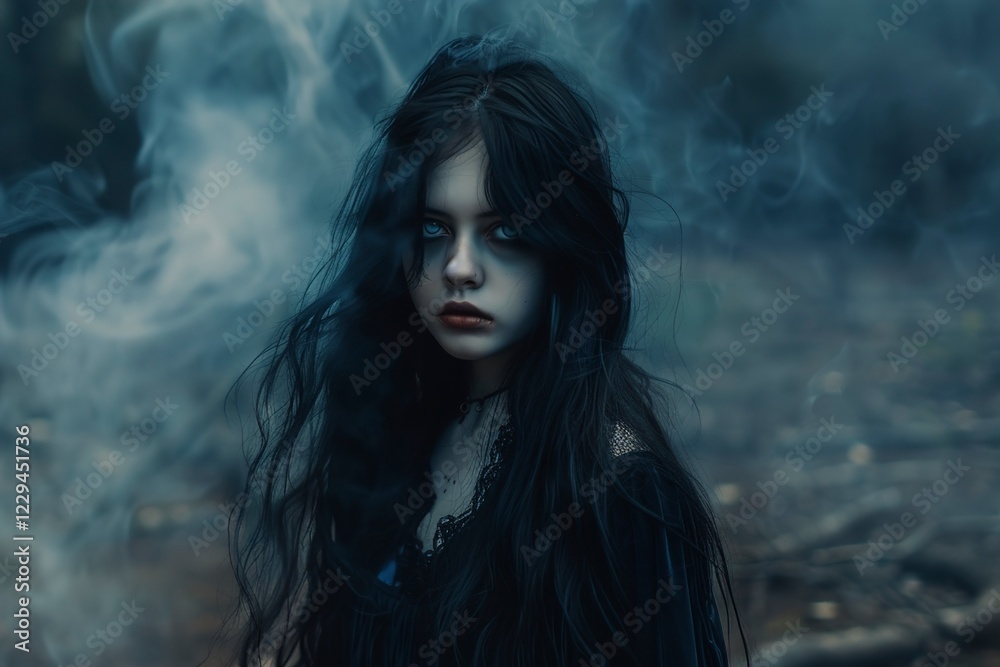 A girl with long black hair in the image of a scary ghost A girl with long black hair in the image of a scary ghost