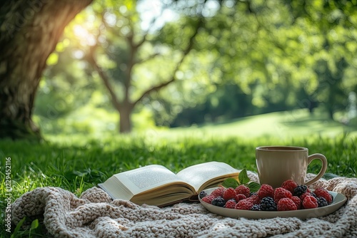 A peaceful outdoor scene with an open book, a cup of coffee, and a plate of fresh berries on a blanket under a tree, with soft sunlight.

 photo