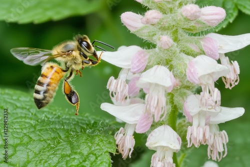 A detailed view of a bee carrying a heavy load of pollen on a pristine white flower in a field bathed in sunlight photo