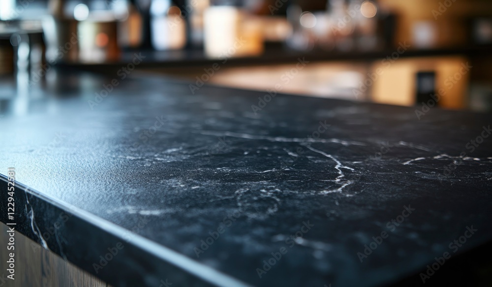 Abstract blurred background of an empty black marble stone tabletop with bokeh in a modern restaurant interior, suitable for product display and design key visual concepts. Abstract blurred background of an empty black marble stone tabletop with bokeh in a modern restaurant interior, suitable for product display and design key visual concepts.