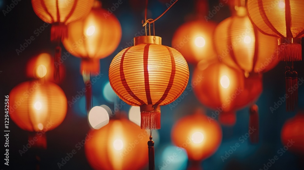 Colorful red lanterns glowing warmly during a festive night celebration in a bustling city Colorful red lanterns glowing warmly during a festive night celebration in a bustling city
