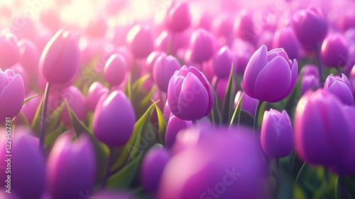 Vivid Pink Tulip Field Bathed in Soft Natural Sunlight, with Creamy Bokeh Background, Macro