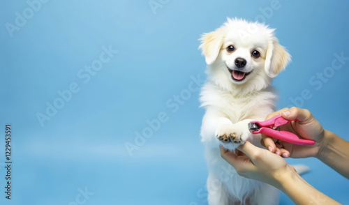 A fluffy white dog gets his nails trimmed with nail clippers. Animal care and grooming photo